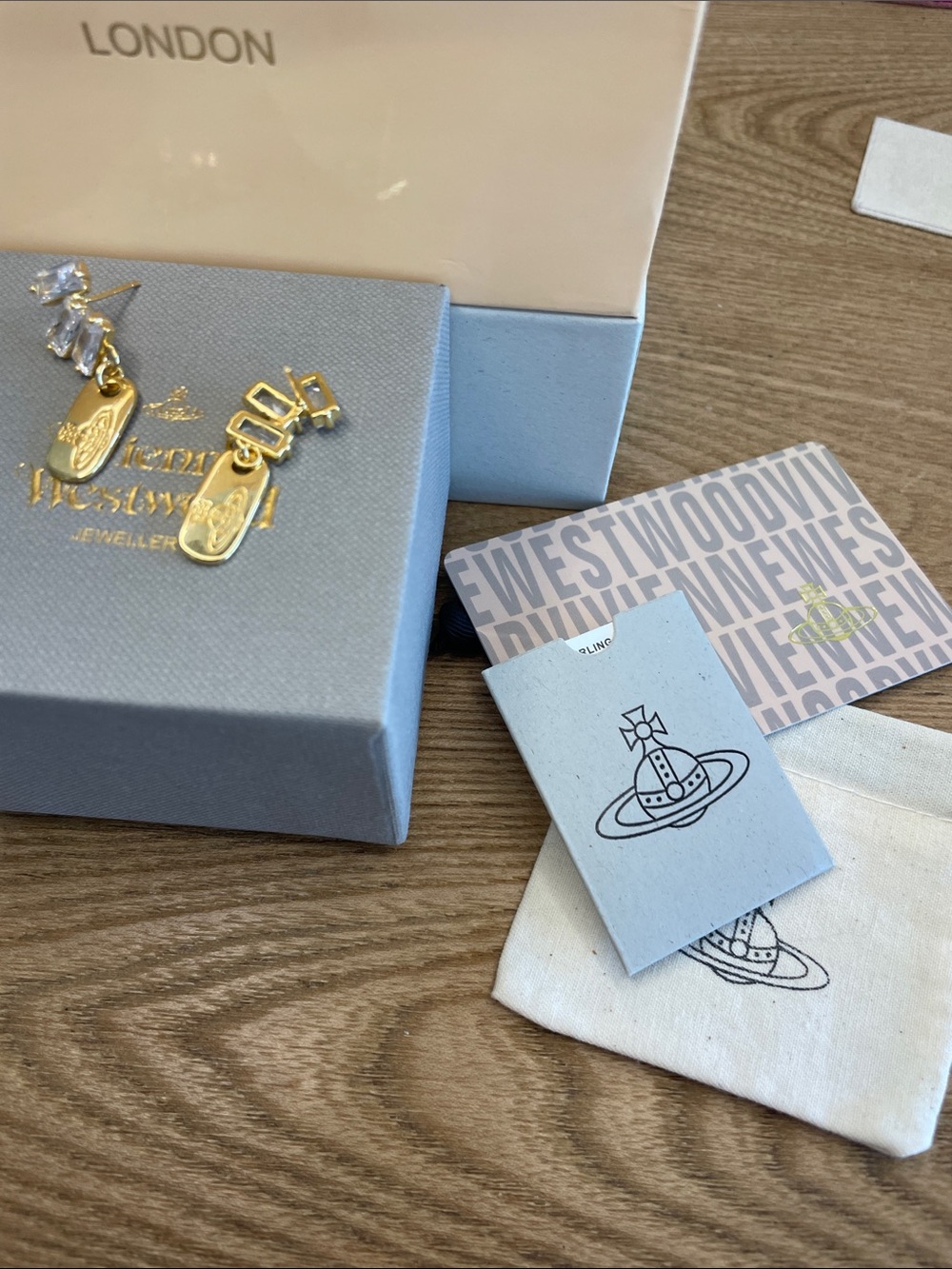 Vivienne Westwood Gold Crystal Drop Earrings Engraved Orb Emblem Y2K - Picture 6 of 6